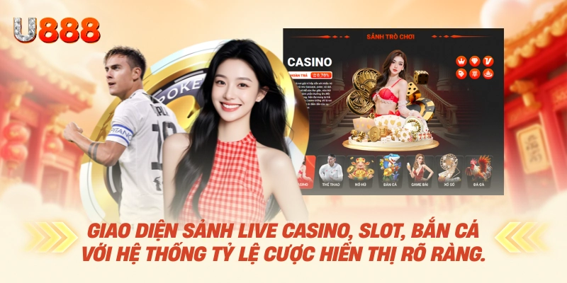 Trang Chủ U888 Chính Thức 2026 17 Giao diện sảnh Live Casino, slot, bắn cá với hệ thống tỷ lệ cược hiển thị rõ ràng.